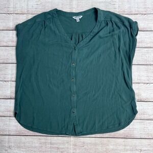 Orvis Womens Teal Green Rayon Gauze Button Front Cap Sleeve Blouse Large Boho